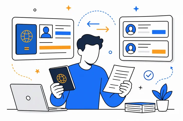 Flat vector illustration of a traveler comparing passport name fields with old application records, faceless abstract characters, calm organized atmosphere, clean modern tech interface, minimal background, Aid-Air palette