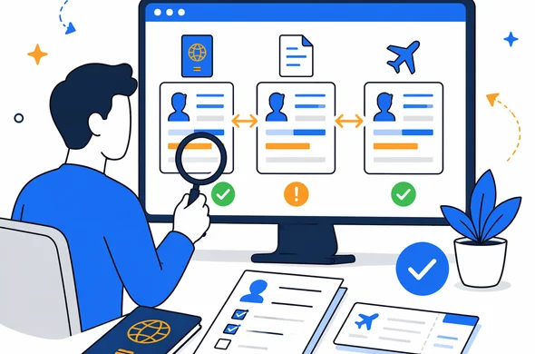 Semi-flat vector illustration of a calm document review process with passport, old application and travel documents on screen, faceless abstract characters, modern tech feel, minimal background, Aid-Air palette