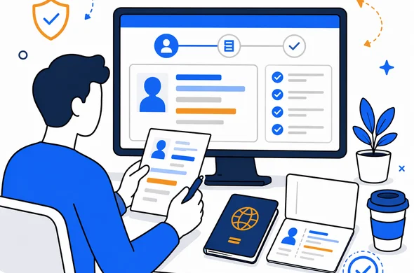 Flat vector illustration of a traveler carefully validating personal details before continuing an ESTA-style online process, faceless abstract character, calm organized atmosphere, minimal background, Aid-Air palette