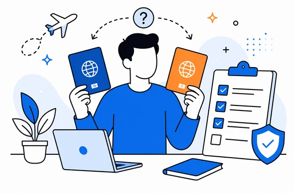 flat vector illustration of a traveler choosing between two passports before an ESTA application, calm faceless abstract characters, organized checklist, minimal tech background, Aid-Air palette