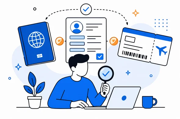 flat vector illustration of checking consistency between ESTA form, passport, and airline ticket, faceless abstract characters, calm organized layout, minimal background, Aid-Air palette