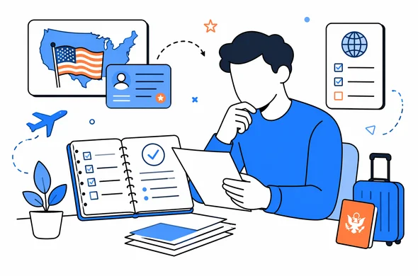 Flat semi-flat vector illustration of a calm traveler reviewing previous US stay history and ESTA preparation notes, faceless abstract characters, clean modern tech feel, minimal background, organized documents, Aid-Air palette