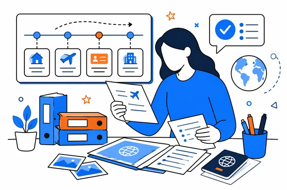 Flat semi-flat vector illustration of organized ESTA preparation with timeline notes, faceless abstract characters sorting travel history, calm modern tech atmosphere, minimal background, Aid-Air palette