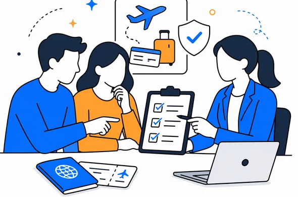Flat vector illustration, Israeli travelers checking ESTA status with a travel agency representative, faceless abstract characters, checklist, passport and travel booking elements, calm organized atmosphere, minimal background, clean modern tech feel, Aid-Air palette