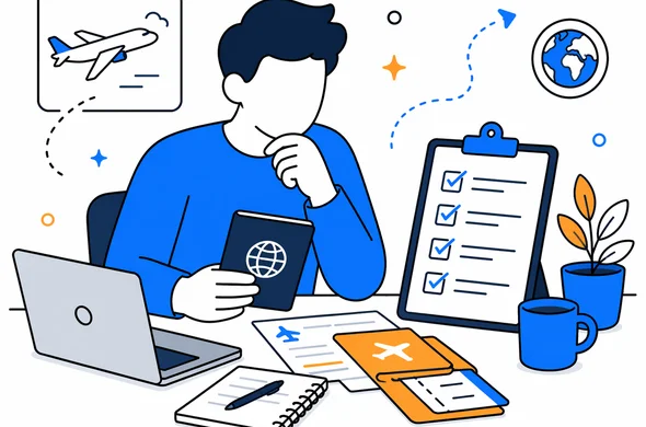 Flat vector illustration of a calm pre-flight ESTA checklist, faceless abstract traveler reviewing passport, booking confirmation and notes, organized desk scene, minimal background, clean modern tech style, Aid-Air palette