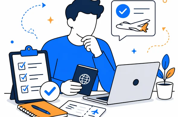 Flat vector illustration of a traveler making a calm organized decision after reviewing ESTA status, abstract faceless characters, checklist, laptop and passport, minimal background, clean semi-flat tech feel, Aid-Air palette