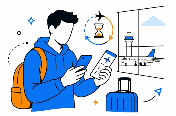 Flat vector illustration, faceless traveler reviewing a very short U.S. connection itinerary on phone and boarding pass, calm airport atmosphere, clean modern tech style, minimal background, Aid-Air palette