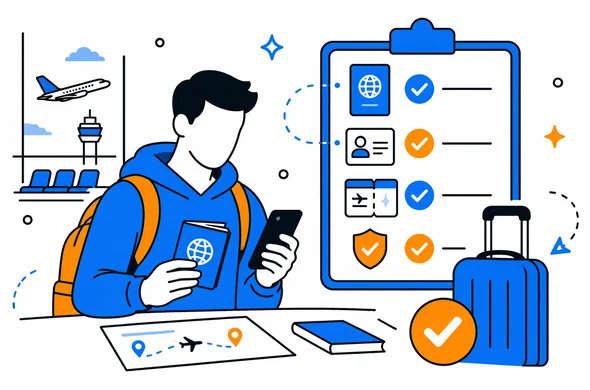 Flat vector illustration, faceless abstract traveler and checklist for U.S. connection documents and ESTA status, organized airport workflow, calm minimal background, clean modern tech style, Aid-Air palette