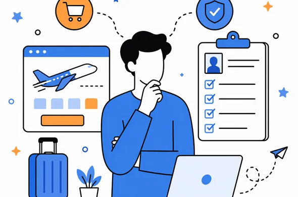 Flat/semi-flat vector illustration, clean modern tech feel, faceless abstract traveler comparing flight booking and ESTA readiness, calm organized atmosphere, minimal background, Aid-Air palette