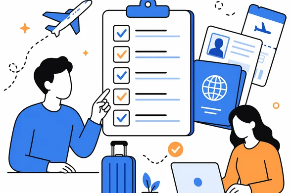Flat/semi-flat vector illustration, clean modern tech feel, abstract checklist for ESTA and flight booking, organized documents and travel icons, faceless characters, minimal background, Aid-Air palette