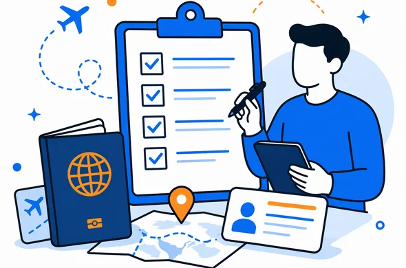 Flat semi-flat vector illustration, organized checklist and travel documents for ESTA planning, faceless abstract characters, calm modern tech style, minimal background, Aid-Air palette