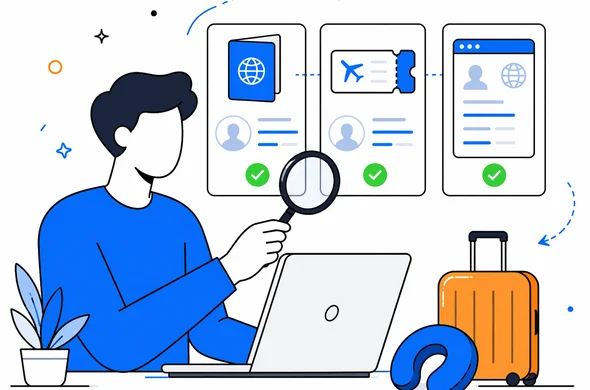 Flat vector illustration of a traveler comparing passport, flight ticket, and ESTA application details on a laptop, faceless abstract characters, calm organized atmosphere, minimal background, clean modern tech style, Aid-Air palette