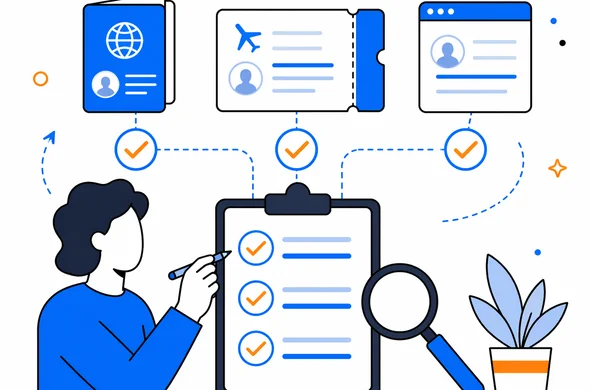 Flat vector illustration of a checklist workflow comparing name spelling across passport, booking confirmation, and ESTA details, faceless abstract characters, clean modern tech feel, minimal background, Aid-Air palette
