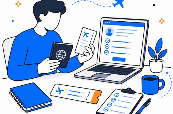 Flat vector illustration of a calm pre-flight document review with passport, flight ticket, and online travel application on a desk, faceless abstract characters, organized minimal background, Aid-Air palette