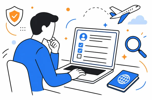Flat vector illustration of a traveler carefully reviewing a digital ESTA form, abstract faceless character, calm organized tech atmosphere, minimal background, Aid-Air palette, clean modern semi-flat style