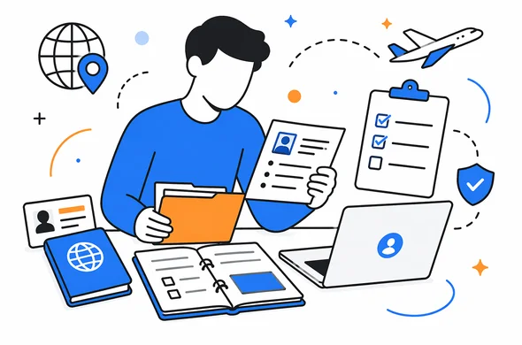 Flat vector illustration of a person organizing travel details and personal records before answering a sensitive digital form, abstract faceless characters, minimal background, calm modern tech feel, Aid-Air palette