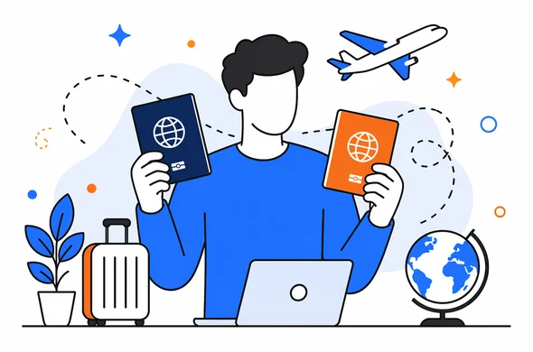 Flat vector illustration of a frequent traveler comparing old and new passports before a USA trip, faceless abstract character, clean modern tech style, minimal background, calm organized atmosphere, Aid-Air palette