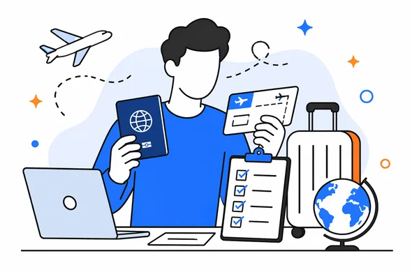 Flat vector illustration of a traveler reviewing passport, booking details, and travel checklist before a flight to the USA, faceless abstract characters, clean modern tech style, minimal background, calm organized atmosphere, Aid-Air palette