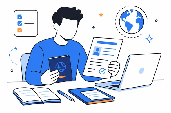 Flat vector illustration of a calm traveler reviewing ESTA details and passport on a desk, faceless abstract character, organized documents, minimal background, modern tech feel, Aid-Air palette