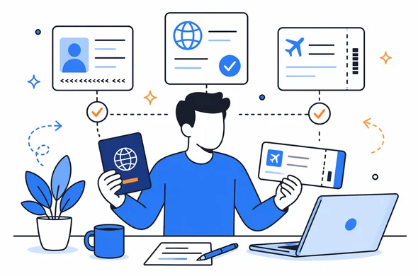 Flat semi-flat vector illustration of organized comparison between passport, ESTA approval, and airline ticket, faceless abstract characters, calm workflow, minimal clean background, Aid-Air palette