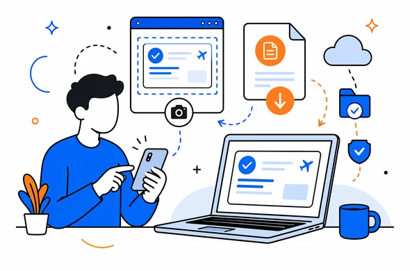 Flat vector illustration of a traveler saving ESTA confirmation as screenshot and PDF on phone and laptop, calm organized layout, faceless abstract characters, minimal background, clean modern tech feel, Aid-Air palette