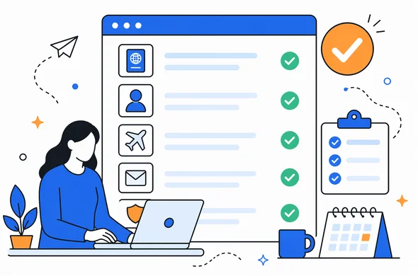 Flat semi-flat vector illustration of a calm organized pre-submission checklist for an online ESTA form, clean modern tech feel, faceless abstract characters, minimal background, Aid-Air palette.