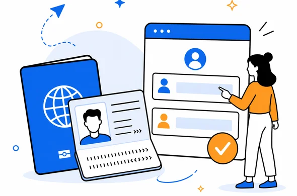 Flat vector illustration of a passport next to travel authorization name fields, clean modern tech feel, faceless abstract characters, calm organized atmosphere, minimal background, Aid-Air palette