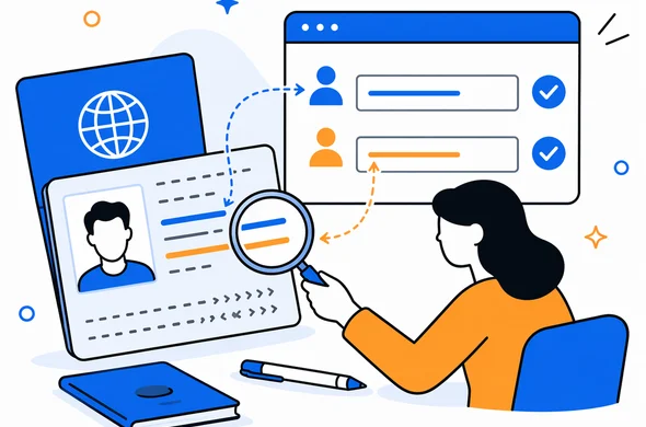 Semi-flat vector illustration of checking first name and surname against passport text, clean modern tech feel, faceless abstract characters, calm organized atmosphere, minimal background, Aid-Air palette