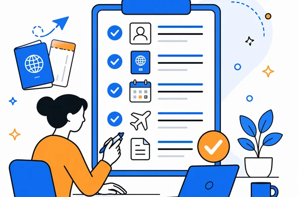 Flat vector illustration of a final pre-submit checklist for travel form details, clean modern tech feel, faceless abstract characters, calm organized atmosphere, minimal background, Aid-Air palette
