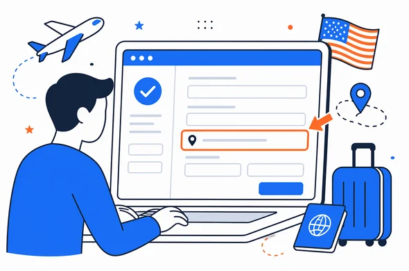 Flat semi-flat vector illustration of a traveler filling an ESTA-style online form with a US address field highlighted, clean modern tech interface, faceless abstract characters, calm organized atmosphere, minimal background, Aid-Air palette.
