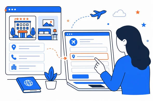 Flat vector illustration of hotel booking details next to an online travel authorization form with address fields, clean modern tech feel, faceless abstract characters, calm organized atmosphere, minimal background, Aid-Air palette.