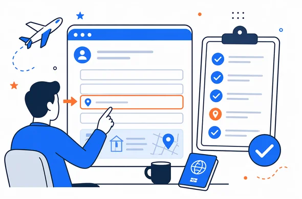 Flat semi-flat vector illustration of final review checklist for an online ESTA-style form, highlighted address field, clean modern tech interface, faceless abstract characters, calm organized atmosphere, minimal background, Aid-Air palette.