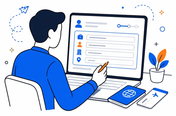 Flat semi-flat vector illustration of a person reviewing employment details in an online travel authorization form, calm organized workspace, modern tech feel, faceless abstract character, minimal background, Aid-Air palette