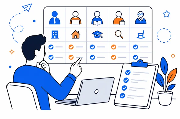 Flat semi-flat vector illustration of comparing employment statuses for an online form, simple table and checklist visual, calm organized atmosphere, faceless abstract characters, minimal background, Aid-Air palette