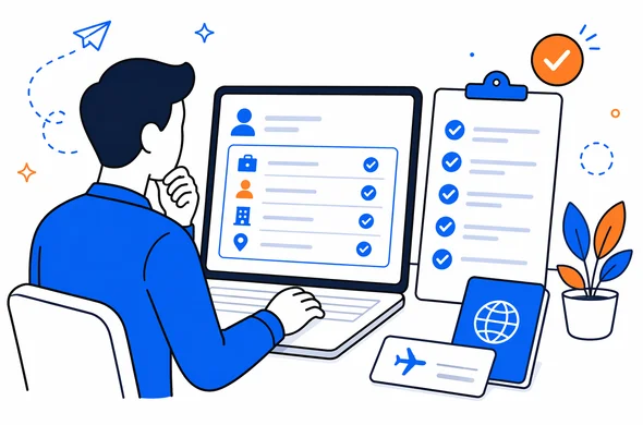 Flat semi-flat vector illustration of final review before submitting a travel authorization form, checklist and calm digital interface, faceless abstract character, minimal background, Aid-Air palette