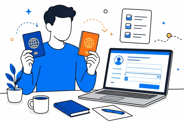Flat vector illustration of a traveler comparing two passports and a digital ESTA form on laptop, calm organized desk, faceless abstract characters, minimal background, Aid-Air palette, clean modern tech feel