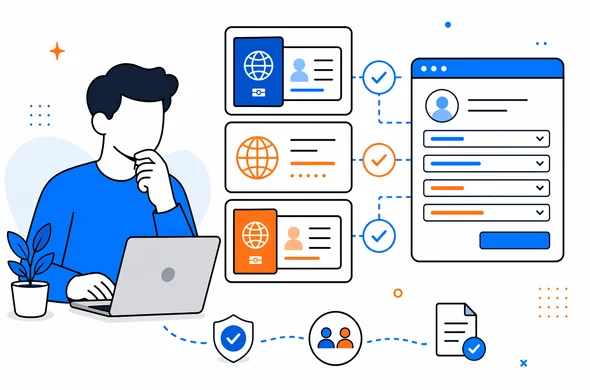 Flat vector infographic style scene showing consistency check between passport details, citizenship notes, and online form fields, faceless abstract characters, minimal background, Aid-Air palette, clean modern tech feel