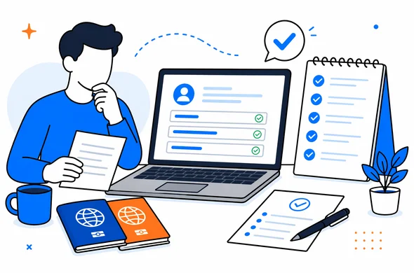 Flat vector scene of final pre-submit review for online travel authorization form, checklist, passport, calm organized atmosphere, faceless abstract characters, minimal background, Aid-Air palette, clean modern tech feel