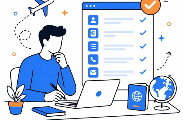 Flat semi-flat vector illustration, calm organized traveler reviewing an online travel authorization form before submission, clean modern tech feel, faceless abstract character, minimal background, Aid-Air color palette