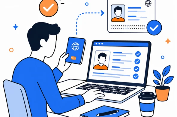 Flat semi-flat vector illustration of a traveler comparing passport details with an online application on a laptop, clean modern tech feel, faceless abstract character, minimal background, Aid-Air palette