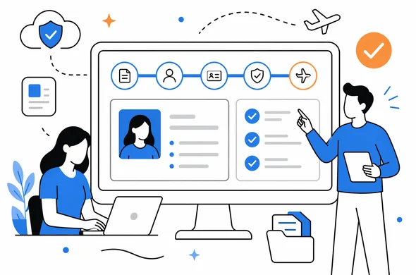 Flat semi-flat vector illustration of an online ESTA workflow, calm organized dashboard, faceless abstract characters, clean modern tech feel, minimal background, Aid-Air palette