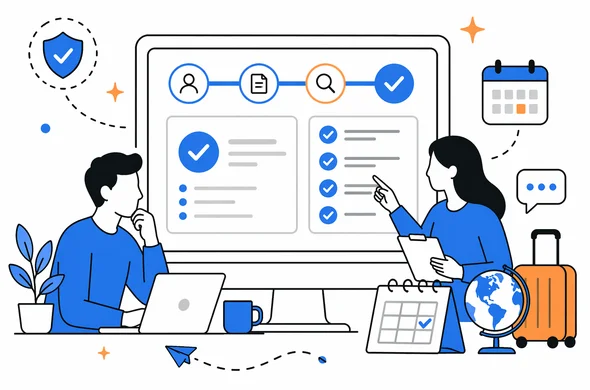 Flat semi-flat vector illustration of reviewing submitted travel information and planning next steps, calm organized atmosphere, faceless abstract characters, clean modern tech feel, minimal background, Aid-Air palette