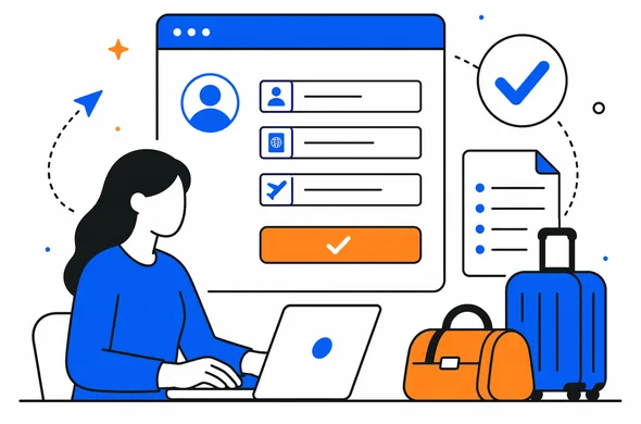 Flat semi-flat vector illustration, clean modern tech feel, faceless abstract characters submitting travel details on a website, calm organized workflow, minimal background, Aid-Air palette