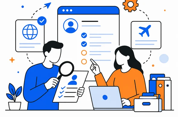 Flat semi-flat vector illustration, clean modern tech feel, faceless abstract characters reviewing travel form details and organizing data, calm and orderly atmosphere, minimal background, Aid-Air palette
