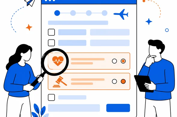 Flat semi-flat vector illustration of a digital ESTA form with sensitive sections highlighted, calm organized atmosphere, faceless abstract characters reviewing details carefully, minimal background, Aid-Air palette