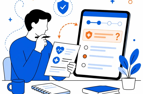 Flat semi-flat vector illustration of a person carefully comparing medical notes to a digital application question, calm organized setting, faceless abstract character, minimal background, Aid-Air palette