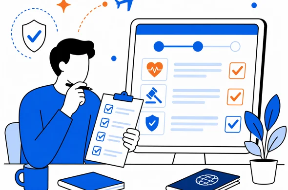 Flat semi-flat vector illustration of a calm pre-submission review of sensitive ESTA answers, faceless abstract characters, organized checklist, minimal background, Aid-Air palette