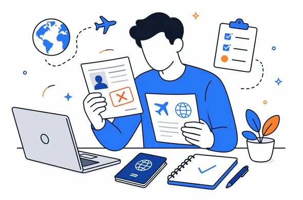 Flat semi-flat vector illustration, abstract faceless traveler reviewing old visa papers and ESTA notes, calm organized atmosphere, minimal background, clean modern tech feel, Aid-Air palette