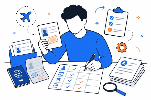 Flat semi-flat vector illustration, abstract faceless person organizing old visa documents into a clear checklist table, calm organized atmosphere, minimal background, clean modern tech feel, Aid-Air palette