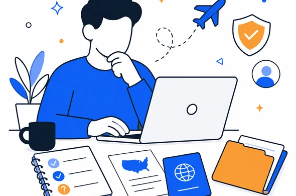 Flat semi-flat vector illustration, calm traveler reviewing ESTA related notes and documents on a laptop, faceless abstract character, clean modern tech feel, minimal background, organized atmosphere, Aid-Air palette
